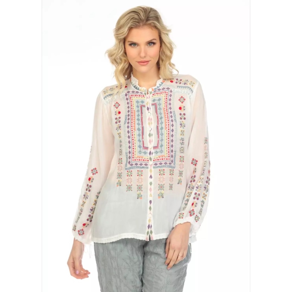 JOHNNY WAS Zeru Blouse ~ XXL ~ Embroidered White Boho Floral Tunic Top ~ NWT